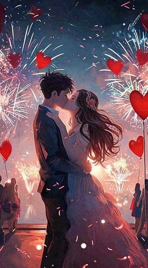 浪漫情人节爱心爱情夜晚烟花，跳舞插画