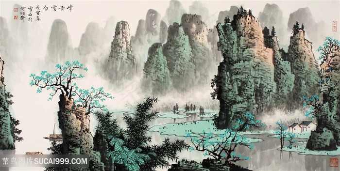 白雪石唯美水墨山脉湖畔美景装饰画