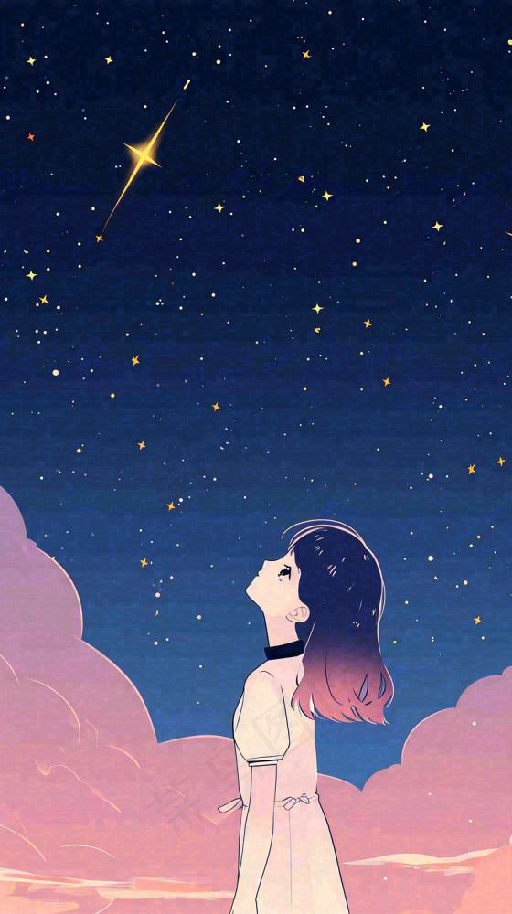 闪烁夜晚浪漫少女仰望星空粉紫色，银河月亮