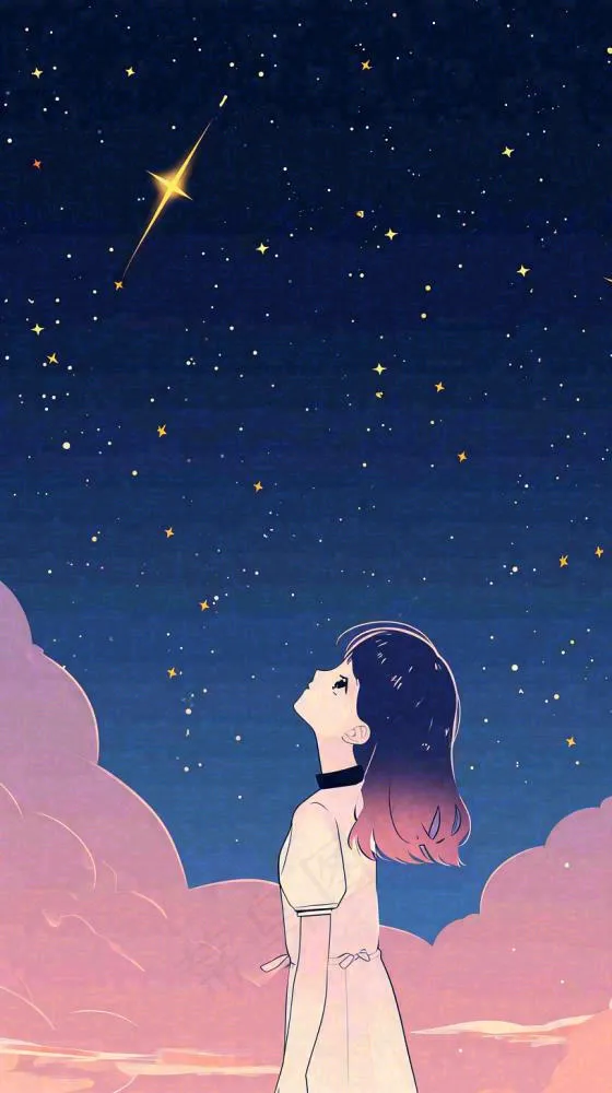 闪烁夜晚浪漫少女仰望星空粉紫色，银河月亮(816x1456)
