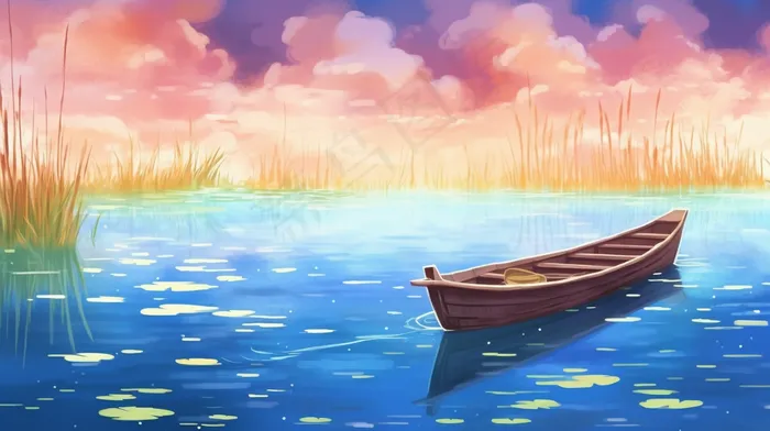 天空之境木船在湖泊中水域天空一色插画水彩(4368x2448)
