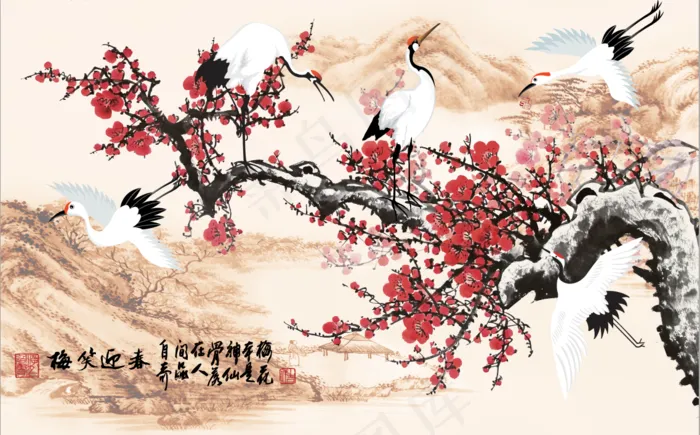 中国风山水花鸟梅笑迎春梅花丹顶鹤高山流水客厅卧室走廊装饰画玄关画壁画