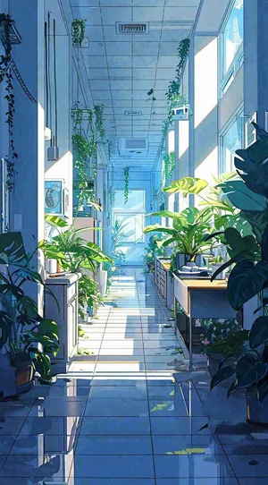 夏天明媚的阳光洒进办公室绿色的植物在办公室走廊上，线性插画手绘