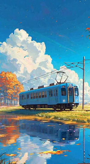 蓝天白云下草地河流高铁火车铁路手绘插画