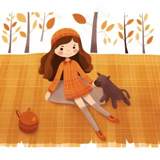 野餐垫上的女孩水果玩耍开心橙色插画素材背景