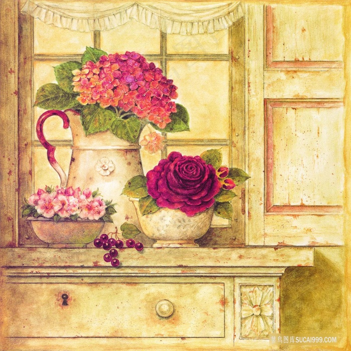 唯美柜子花卉花瓶油画