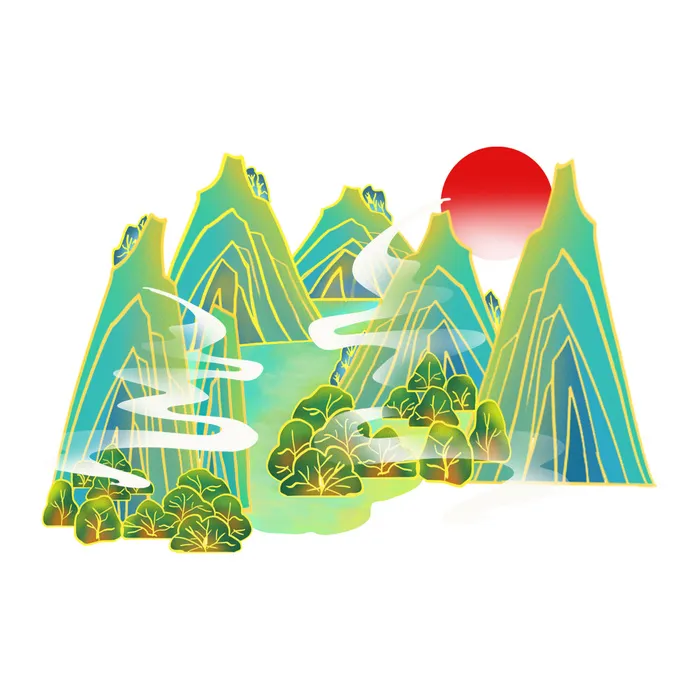 中国风国潮山水插画祥云中式手绘烫金线条元素png装饰背景PSD素材psd模版下载