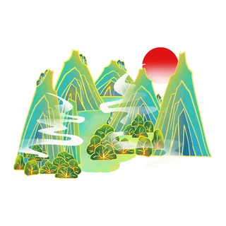 中国风国潮山水插画祥云中式手绘烫金线条元素png装饰背景PSD素材