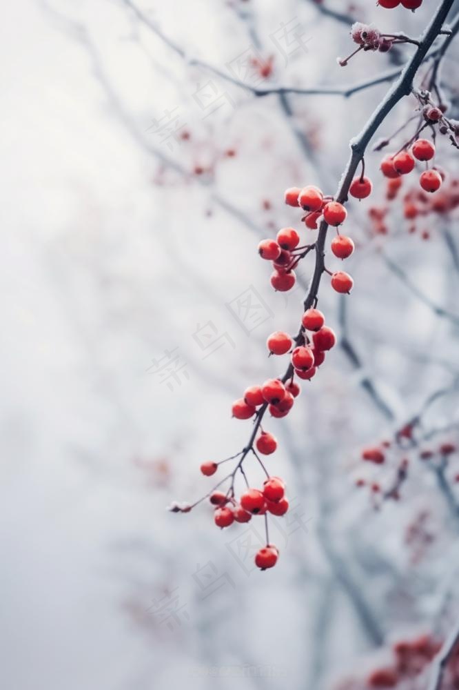 果实红色成霜冰冷背景