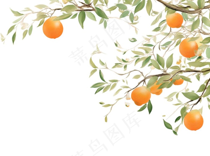 秋 柿子树水彩画插画免抠(1264x944)