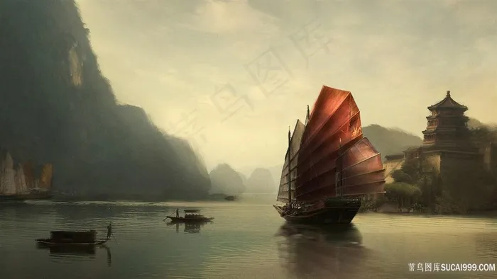 湖畔船唯美风景画壁纸