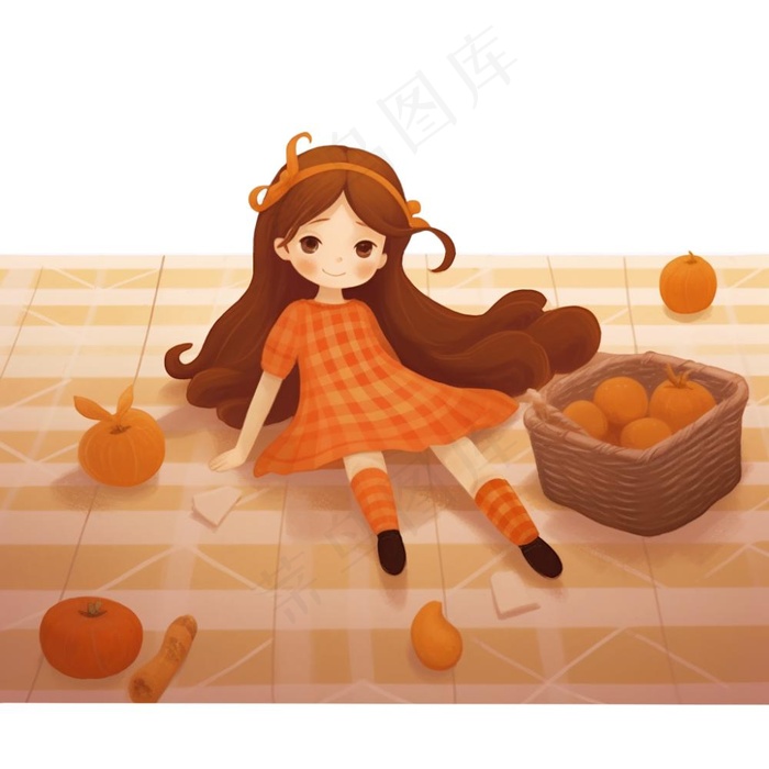 秋日野餐户外活动少女欢乐橙色卡通插画免抠(1024x1024)