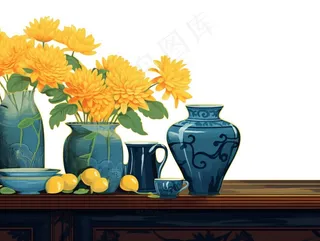 重阳黄色菊花花瓶饮茶插画免抠