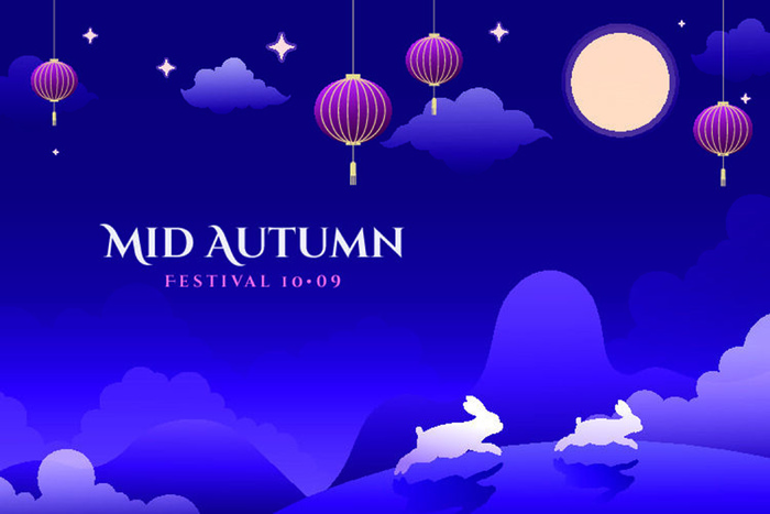 中秋节快乐小白兔蓝色背景eps,ai矢量模版下载