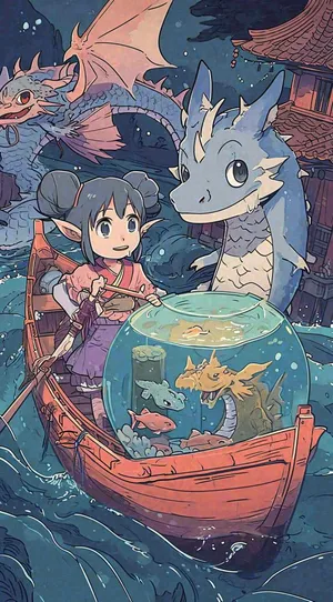 创意卡通古风河面人物游船，夜晚龙灯笼光照，海浪水面