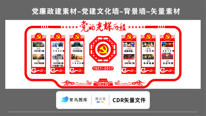 党建文化墙党建素材CDR预览图红色背景党的光辉历程党徽古典花窗