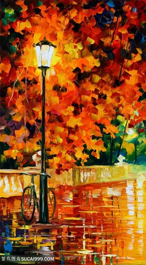 街灯树叶水彩美景装饰画插画 街灯树叶水彩美景装饰画插画