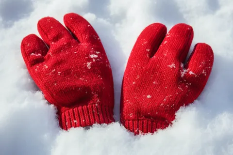 冬天雪地里的红色毛线手套摄影图
