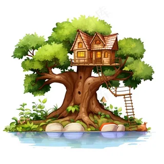 大树上的木屋树屋书本卡通插画免抠