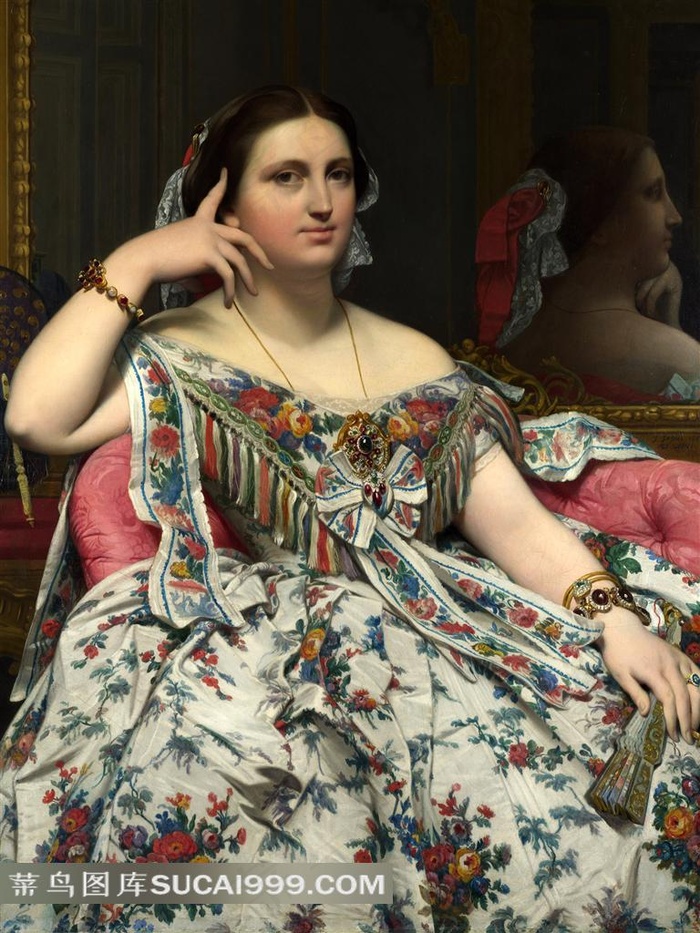 世界著名油画坐在沙发上拿扇指头的贵妇