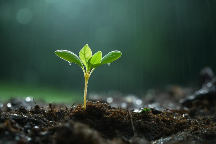 下雨天坚韧的嫩芽摄影图