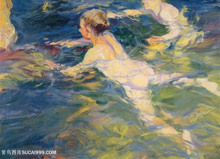华金索罗拉油画游泳男孩装饰画风景画