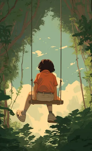 大树下荡秋千的孩子白云蓝天卡通插画素材