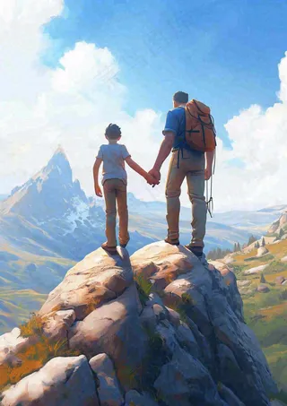 户外郊外徒步登山运动探险旅行手绘插画，健身健康