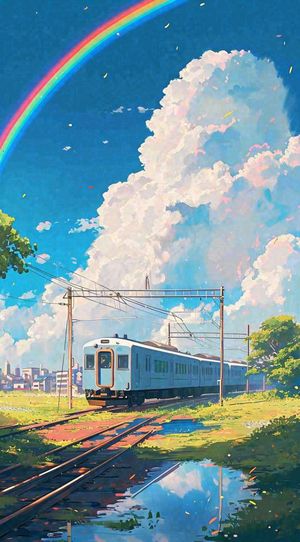 蓝天白云下草地河流高铁火车铁路手绘插画