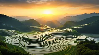 日落时的中国农村梯田鸟瞰摄影图