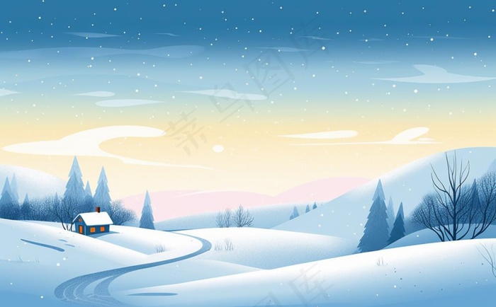 冬天乡村雪地里的房子雪景白雪卡通插画背景(1392x864)