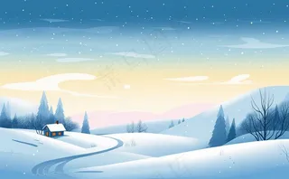 冬天乡村雪地里的房子雪景白雪卡通插画背景