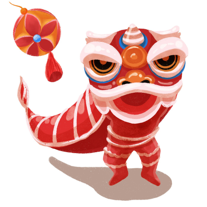 新年春节虎年元宵手绘人物舞狮卡通狮子头插画元素PSD设计素材