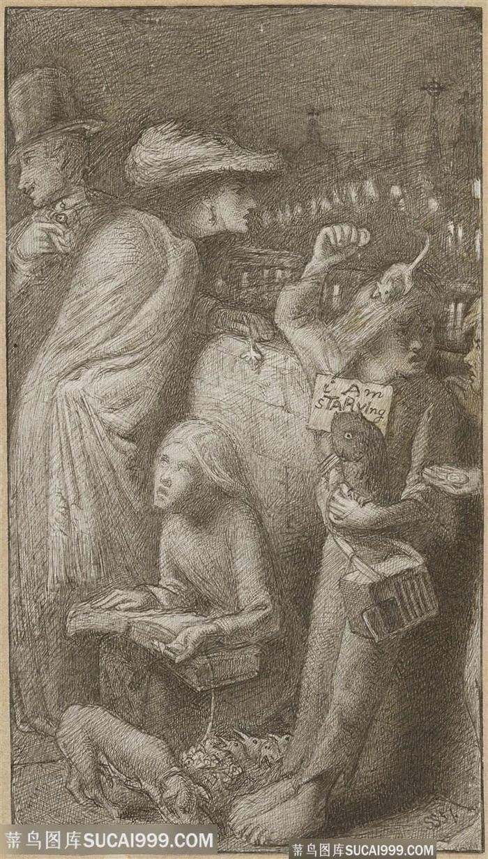 素描女士孩子风景画装饰画