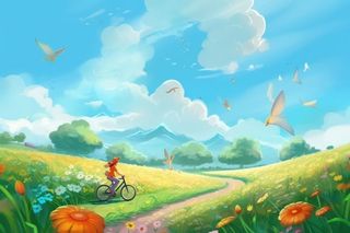 晴天草地踏青自行车游玩插画背景