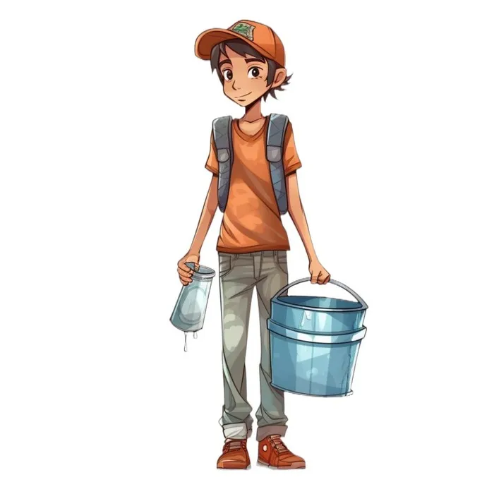小男孩拿着水壶水桶浇水绿植草人物插画免抠(1024x1024)