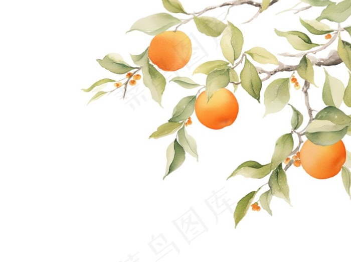 秋 柿子树水彩画插画免抠(1264x944)