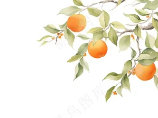 秋 柿子树水彩画插画免抠