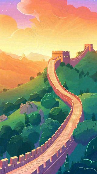 万里长城中国历史建筑扁平插画手绘，简约大气中国风