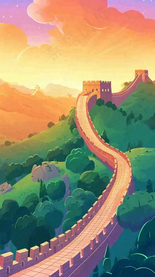 万里长城中国历史建筑扁平插画手绘，简约大气中国风