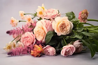 地上放着的一大束鲜花摄影图