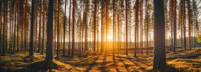 日出日落阳光穿过树林照射在森林的树上摄影图