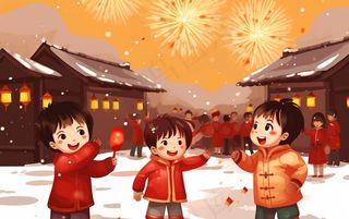 新年除夕夜烟花爆竹儿童玩乐喜庆卡通插画背景