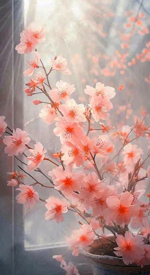 初春窗户边的粉色樱花花朵，温馨阳光，立春惊蛰春分