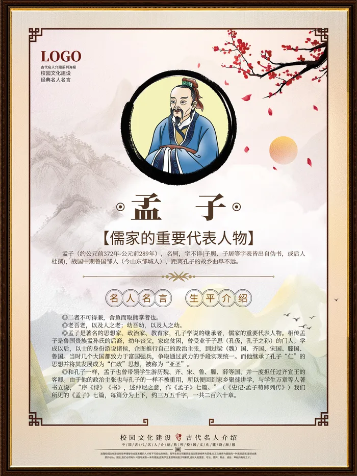 校园文化墙中国古代名人孟子挂画名人介绍简介系列名人名言挂画海报psd模版下载