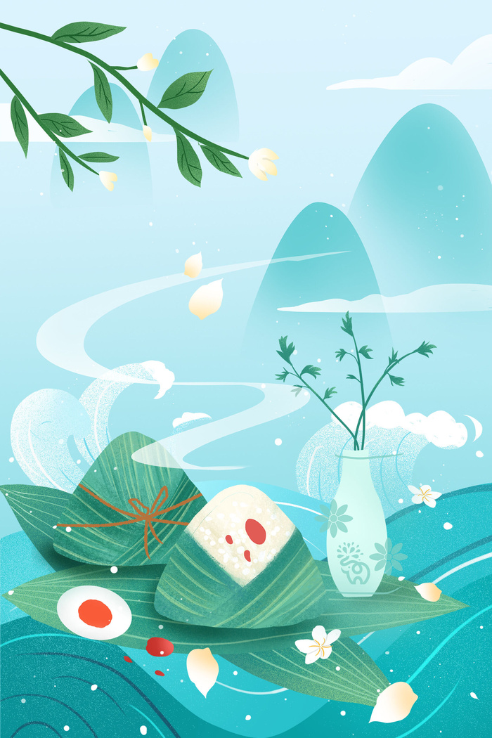 国潮风中国传统节日端午节赛龙舟粽子场景插画海报PSD设计素材