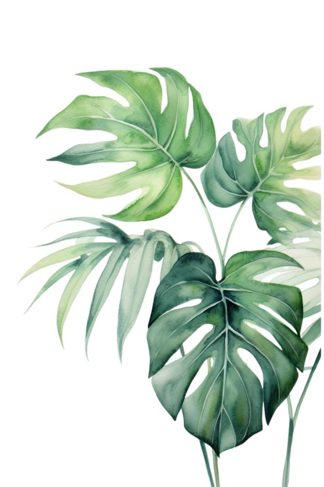 龟背竹植物绿叶水彩画免抠(896x1344)