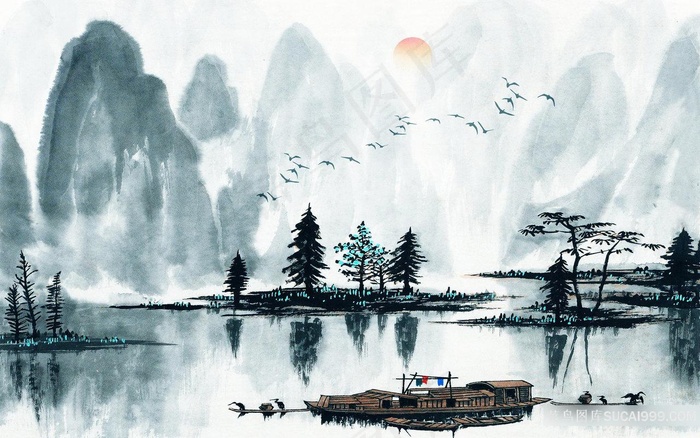 水墨山脉唯美湖畔风景画