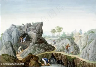 古代石矿集市贸易场景绘画图片