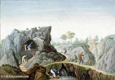 古代石矿集市贸易场景绘画图片 古代石矿集市贸易场景绘画图片